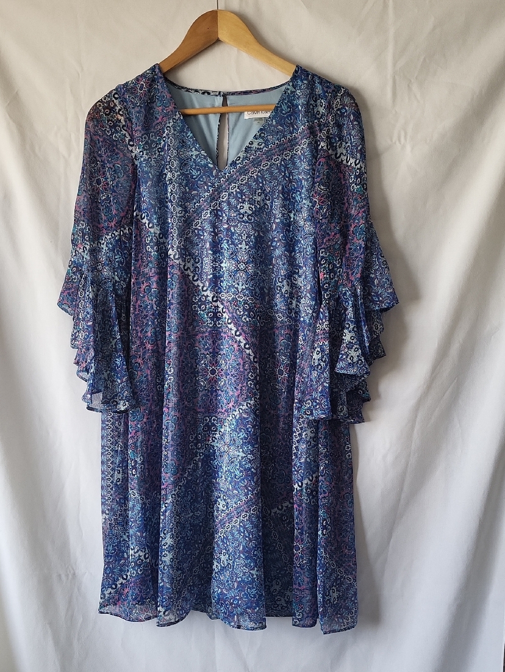 Calvin Klein Blue Floral Ruffle Sleeve Dress